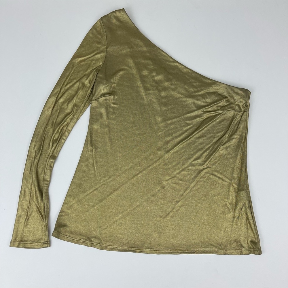 Trina Turk Gold Metallic One Shoulder Long Sleeve Jersey Blouse Top Silky